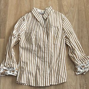 Signature by Larry Levine Tan and White Striped Blouse
